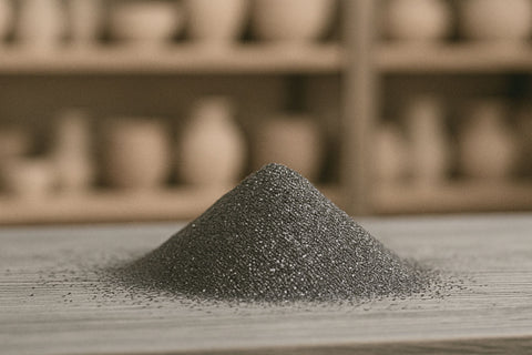 a small pile of iron filings on a table with blurred shelves of pottery in the background